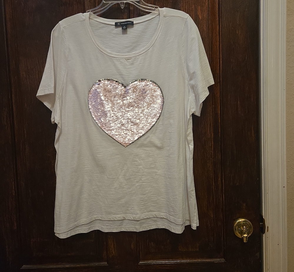 INC International Concepts White Short-Sleeve Tee with Pink Sequin Heart